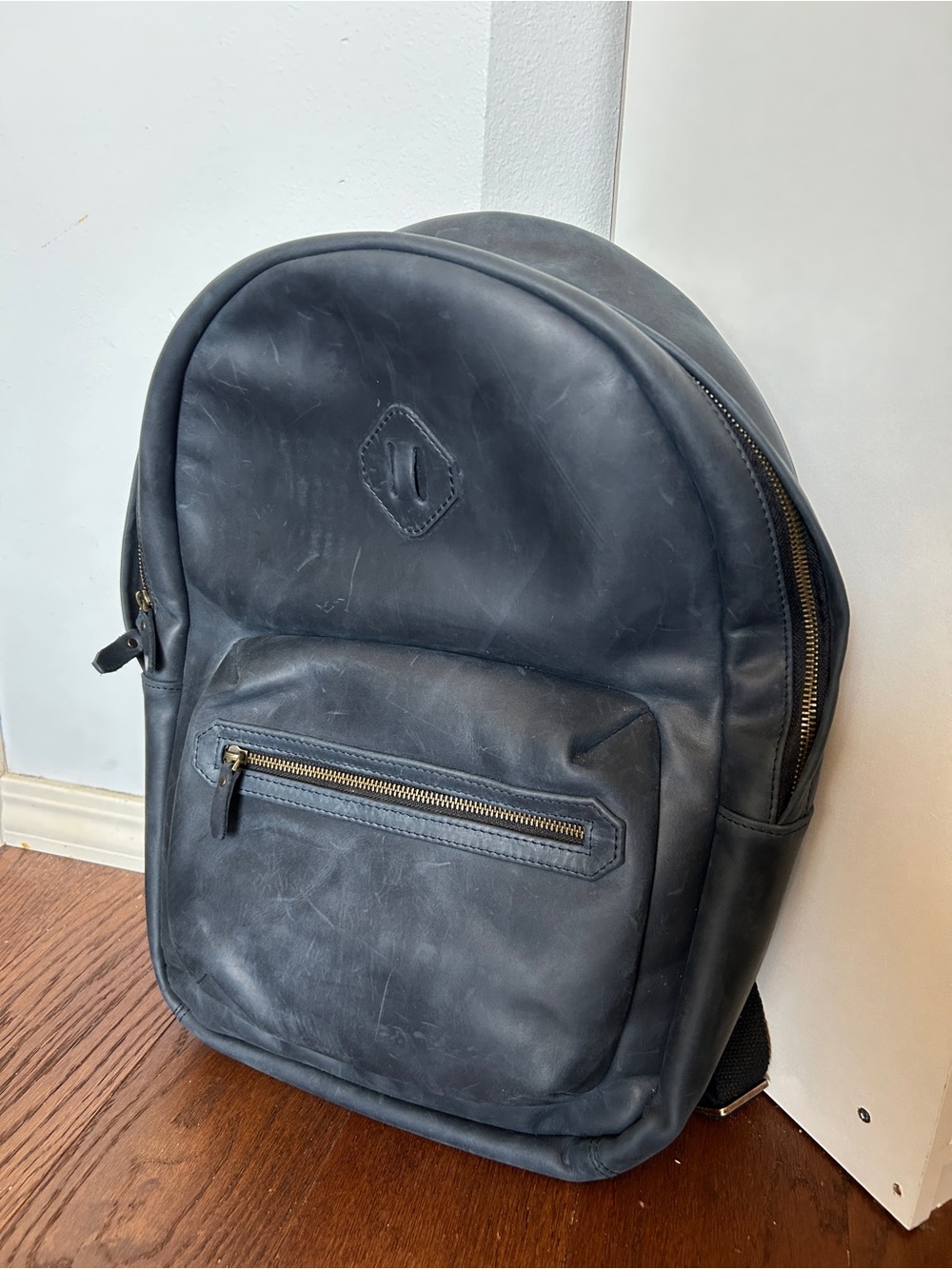 NAVY BLUE Crazy Horse Leather Backpack City - Mens Womens Unisex Gender Neutral - Picture 4 of 7